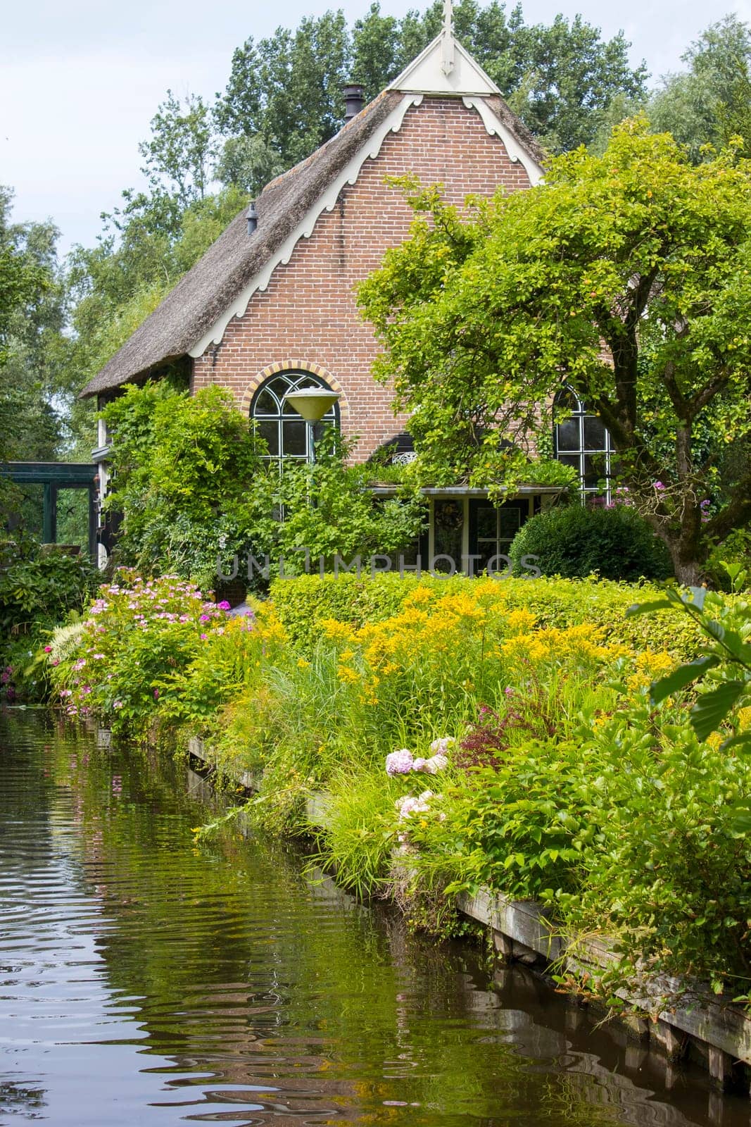 GIETHOORN, NETHERLANDS -typical dutch county side of houses and gardens
