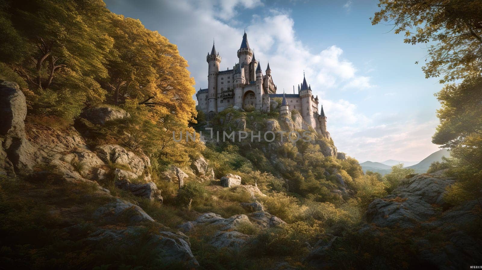 Majestic castle perched on a rocky outcrop - Generative AI - AI generated