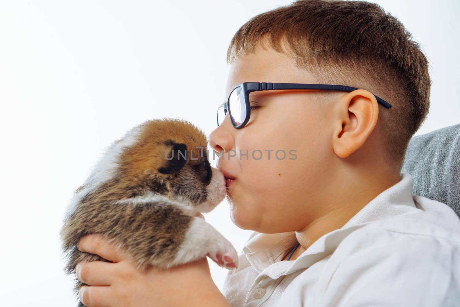 Happy childhood. Teenage boy with glasses holds Welsh corgi puppy in his hands and gently kisses him on nose. Caring for and caring for pets. Love and friendship. Top view. Positive emotions.
