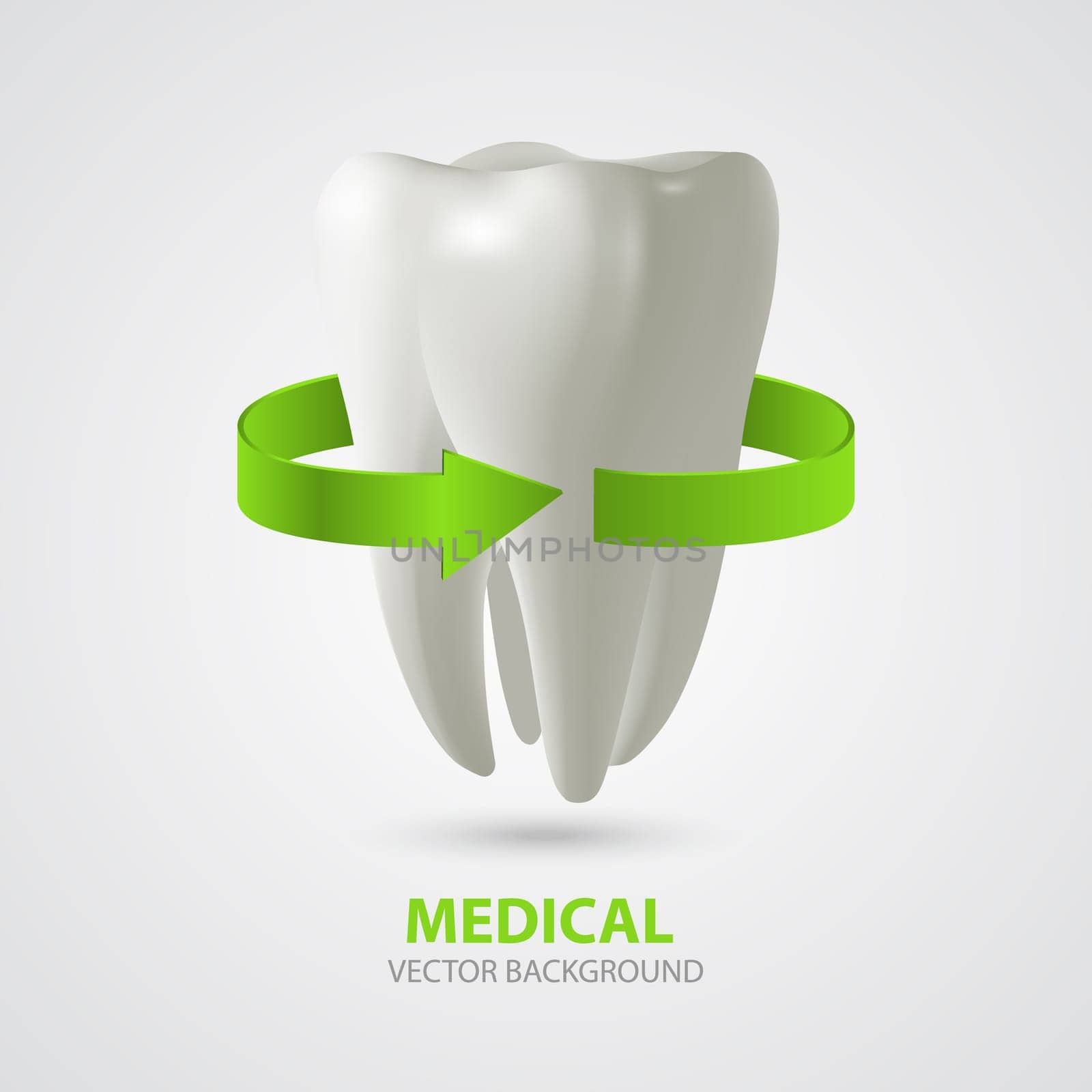 Vector three-dimensional tooth with green arrow sign. Medical background