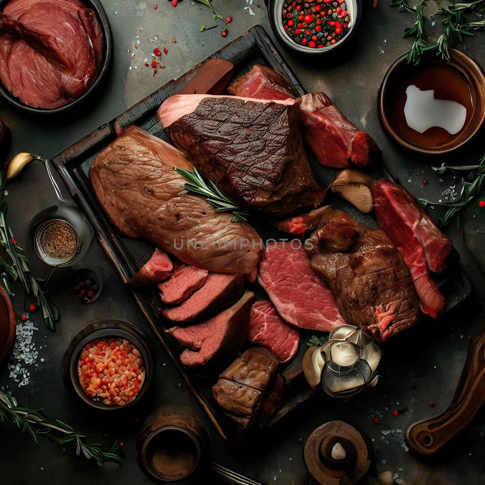 Various delicious grilled meat top view shot