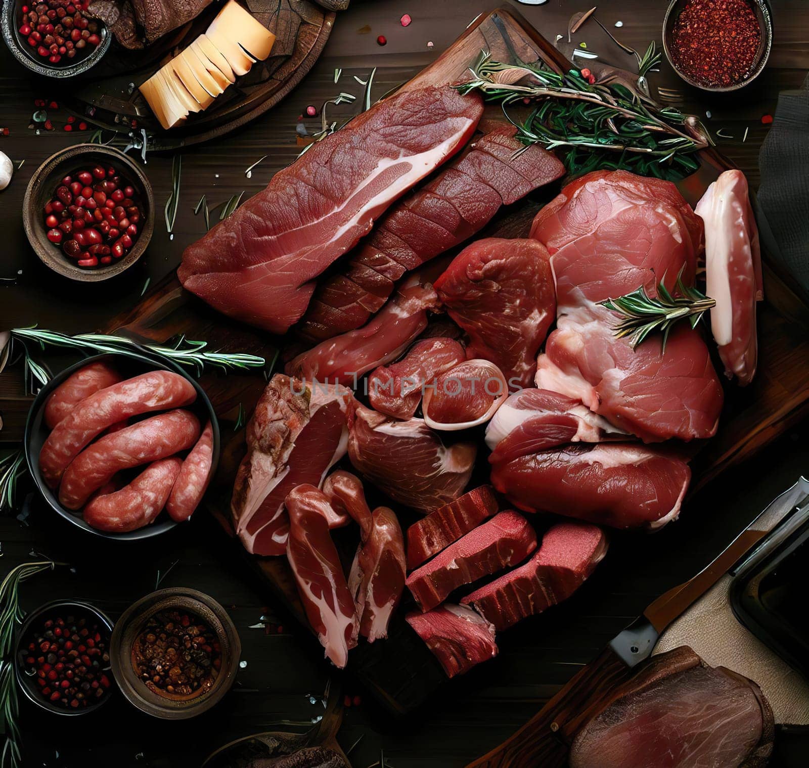 Various delicious grilled meat top view shot