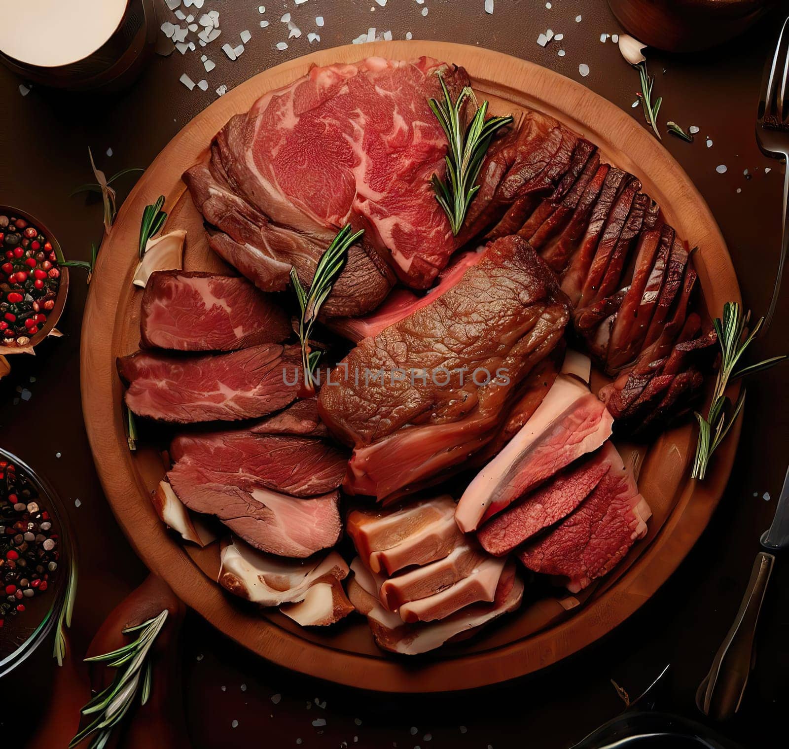 Various delicious grilled meat top view shot