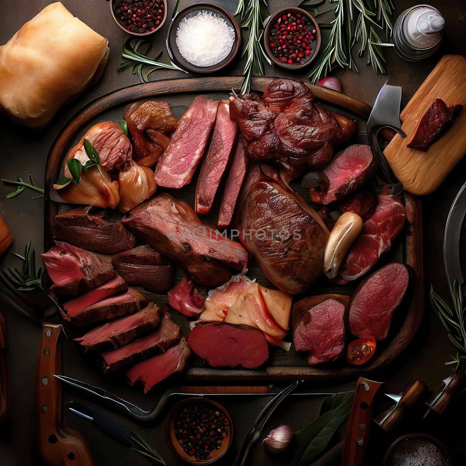 Various delicious grilled meat top view shot