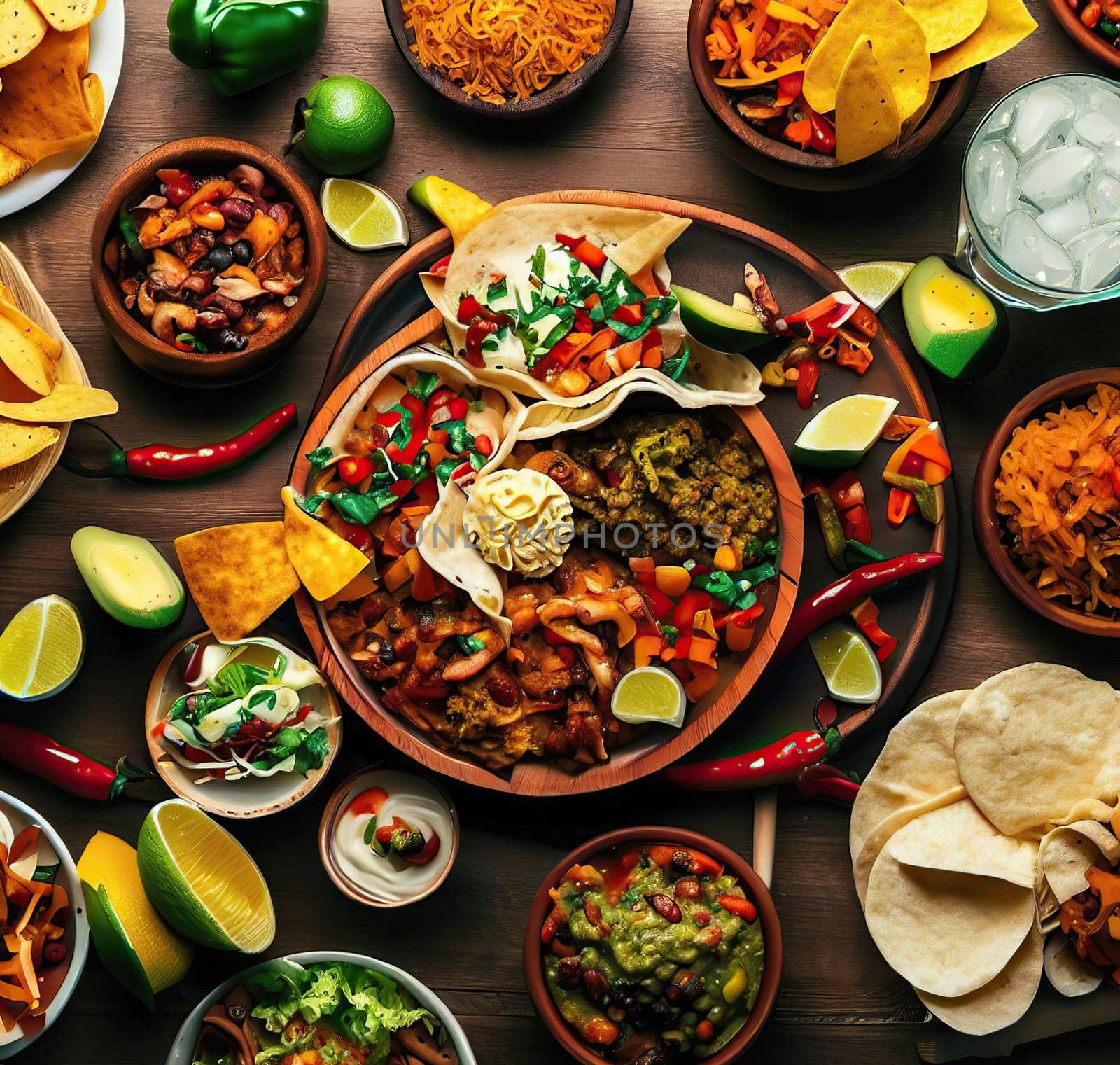 Various delicious Mexican food top view dolly shot