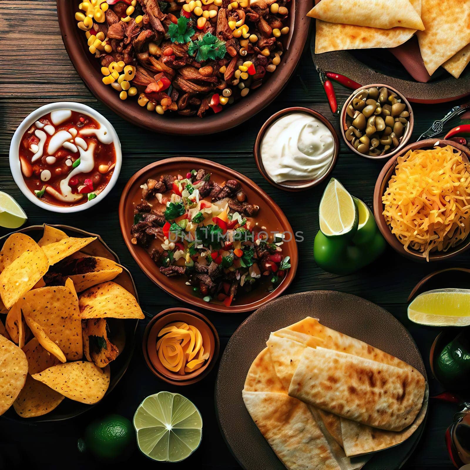 Various delicious Mexican food top view dolly shot