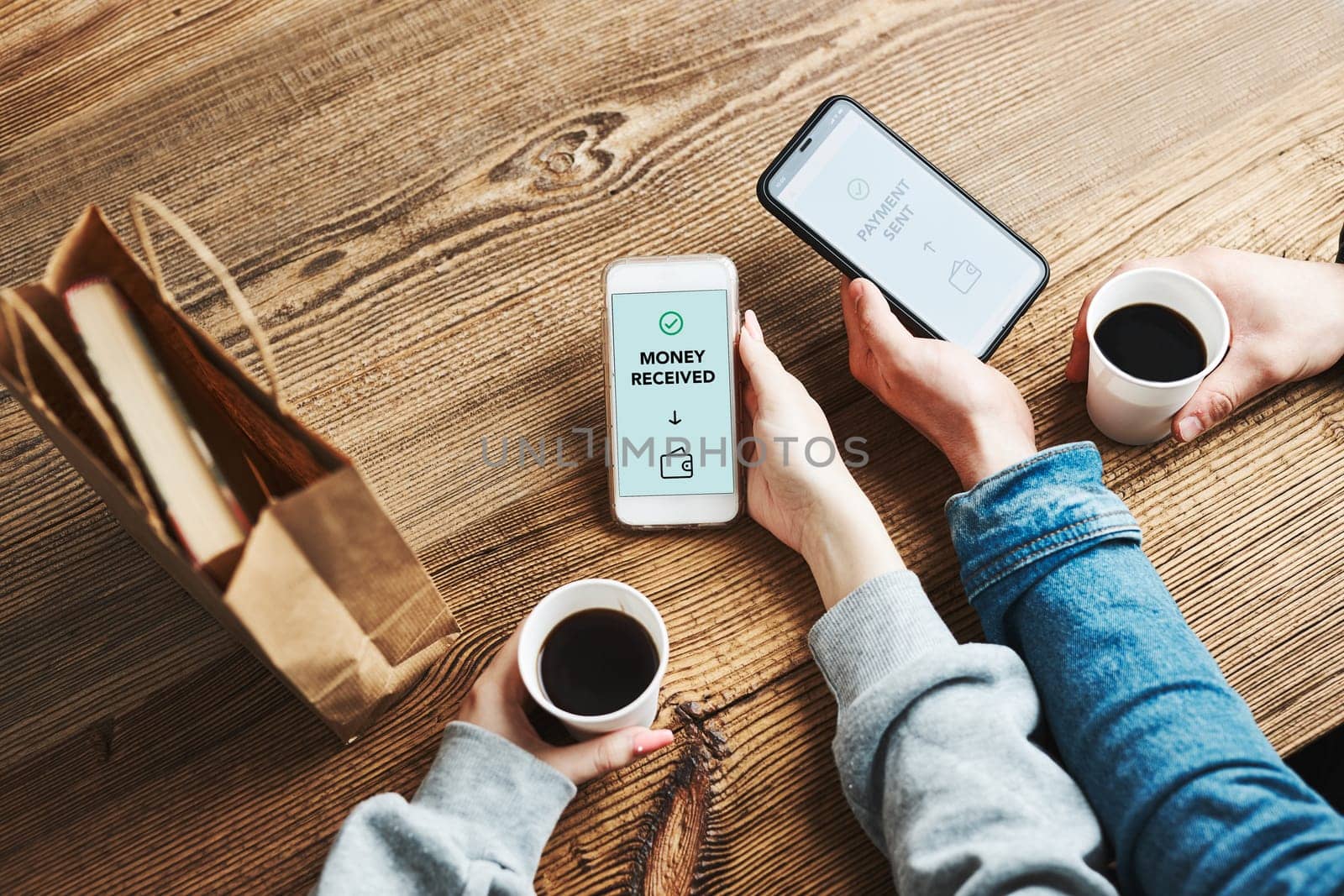 Money transfer. Online banking. People transferring money online using applications for send and receive money on smartphones. Friends making money transfers. Smartphone screen displaying money transfer confirmation. Digital wallet. Money exchange. Paying for online shopping. Fast payment system