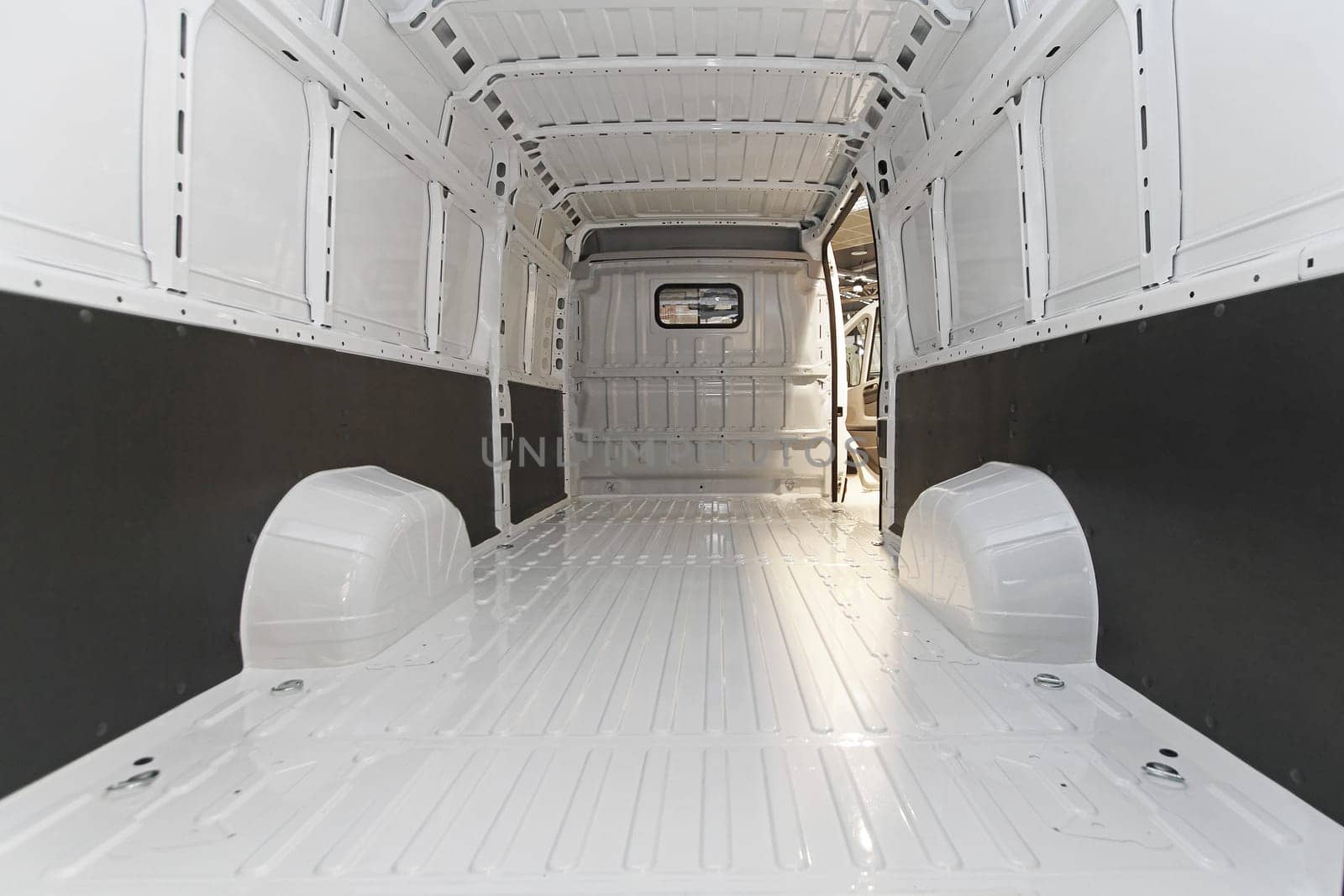 Empty long white delivery van transport