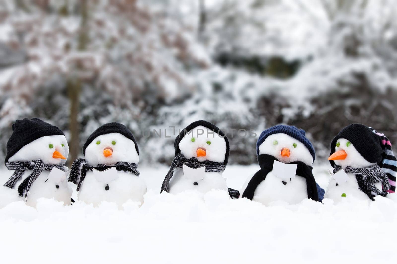 Winter snowman scene with snow and trees