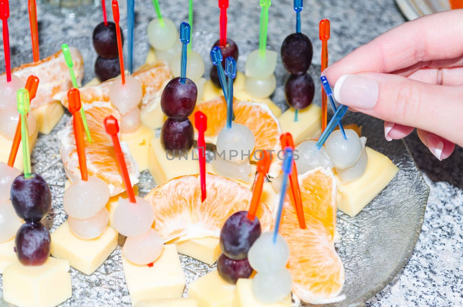 Finger food,various appetizers,canapes on toothpicks.