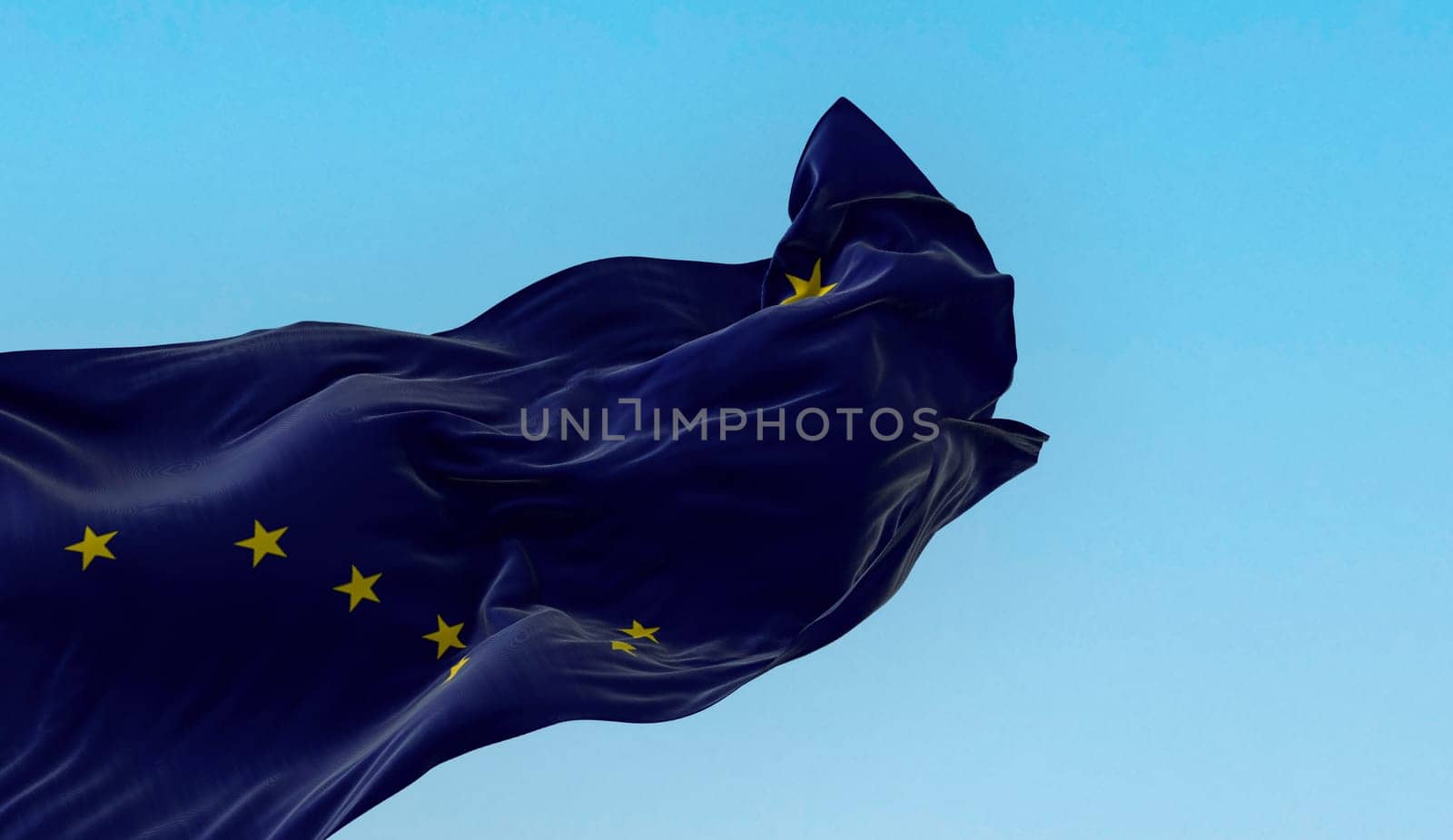 Alaska state flag waving in the wind on a clear day. Big dipper and polaris on a dark blue background. 3d illustration render. Selective focus. Fluttering fabric. US state flag.