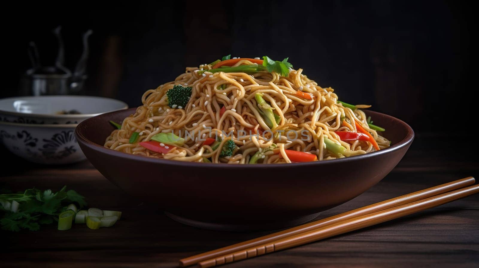 Chow Mein, fried noodles with chicken and vegetables. horizontal view from above, generative ai