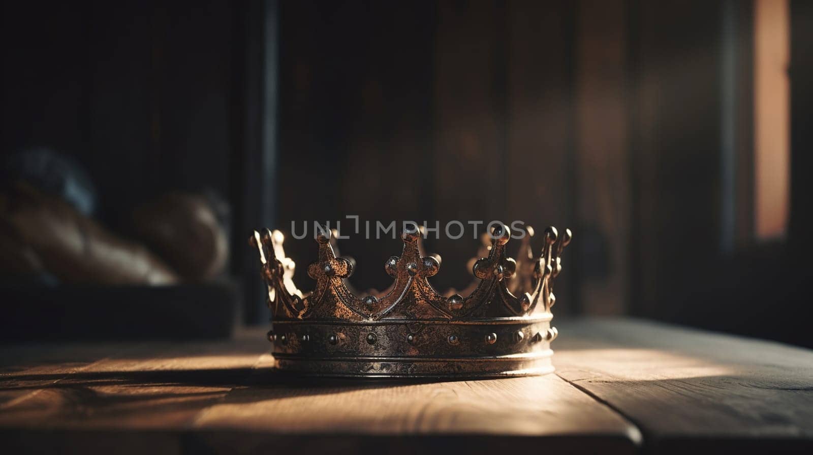 low key image of beautiful queen/king crown over wooden table. vintage filtered. fantasy medieval period, generative ai