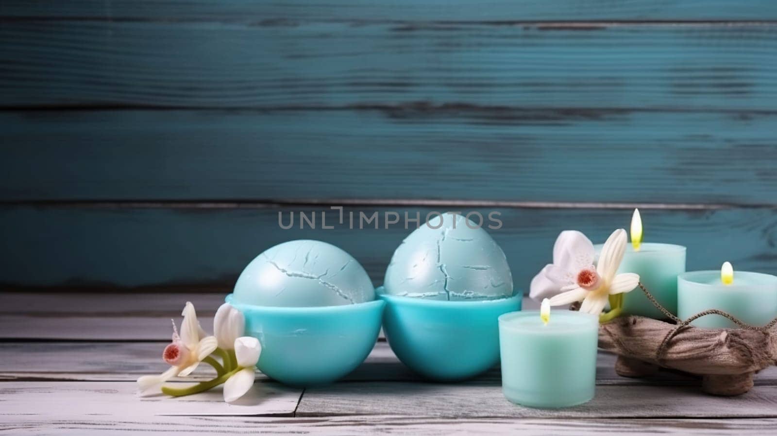 Spa ingredients for massage and relaxation, in light blue color on wooden background, generative ai