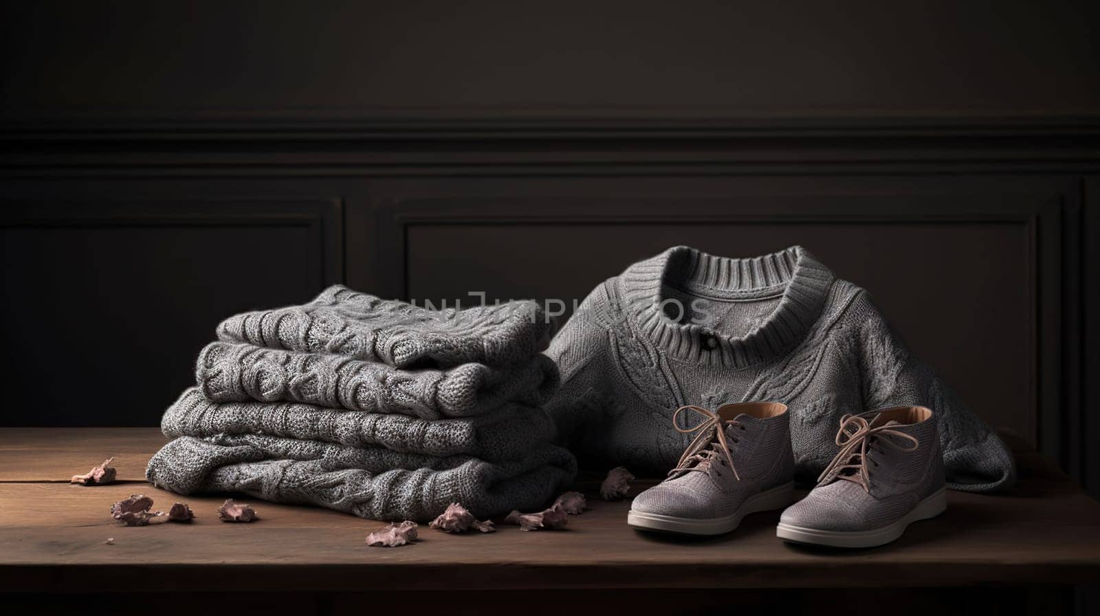 Table with stack of stylish sweaters and shoes on dark background, generative ai