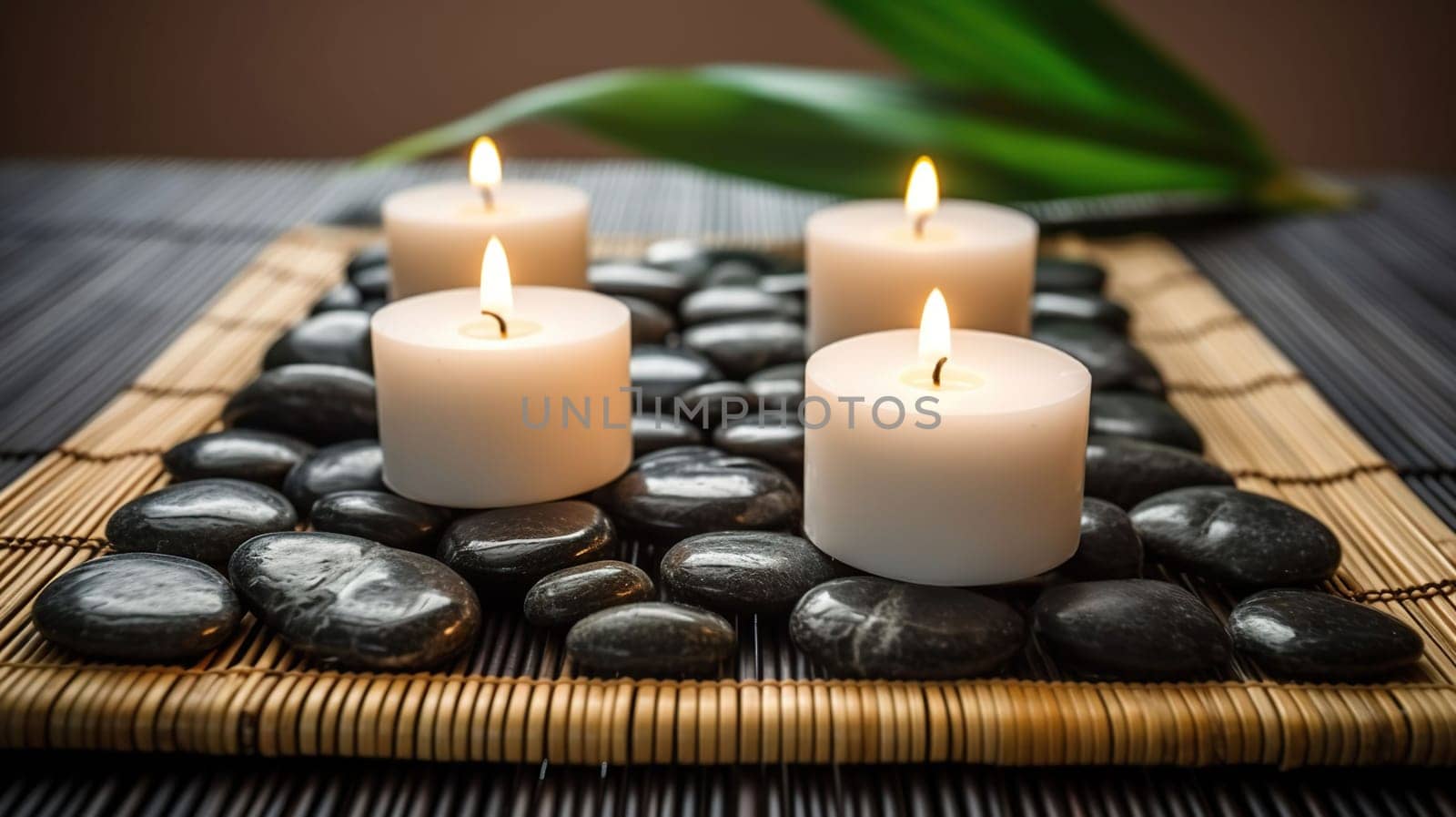 Spa Massage Stones With Candles And Towels On Bamboo Mat, generative ai