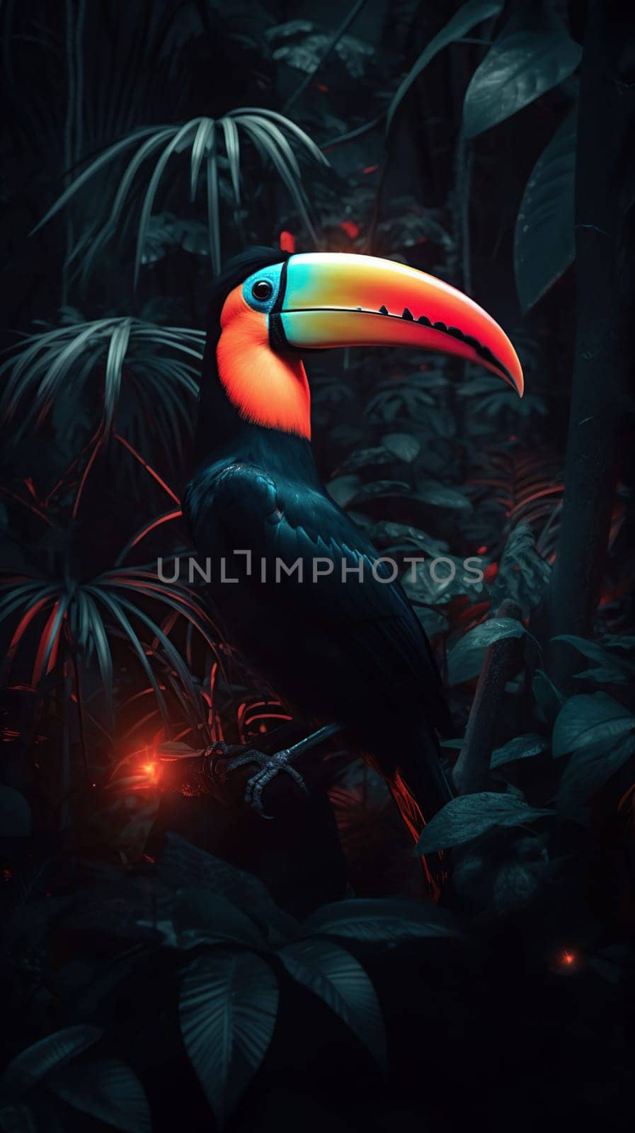 Orange beak toucan in a dark night forest with with red neon light, generative ai