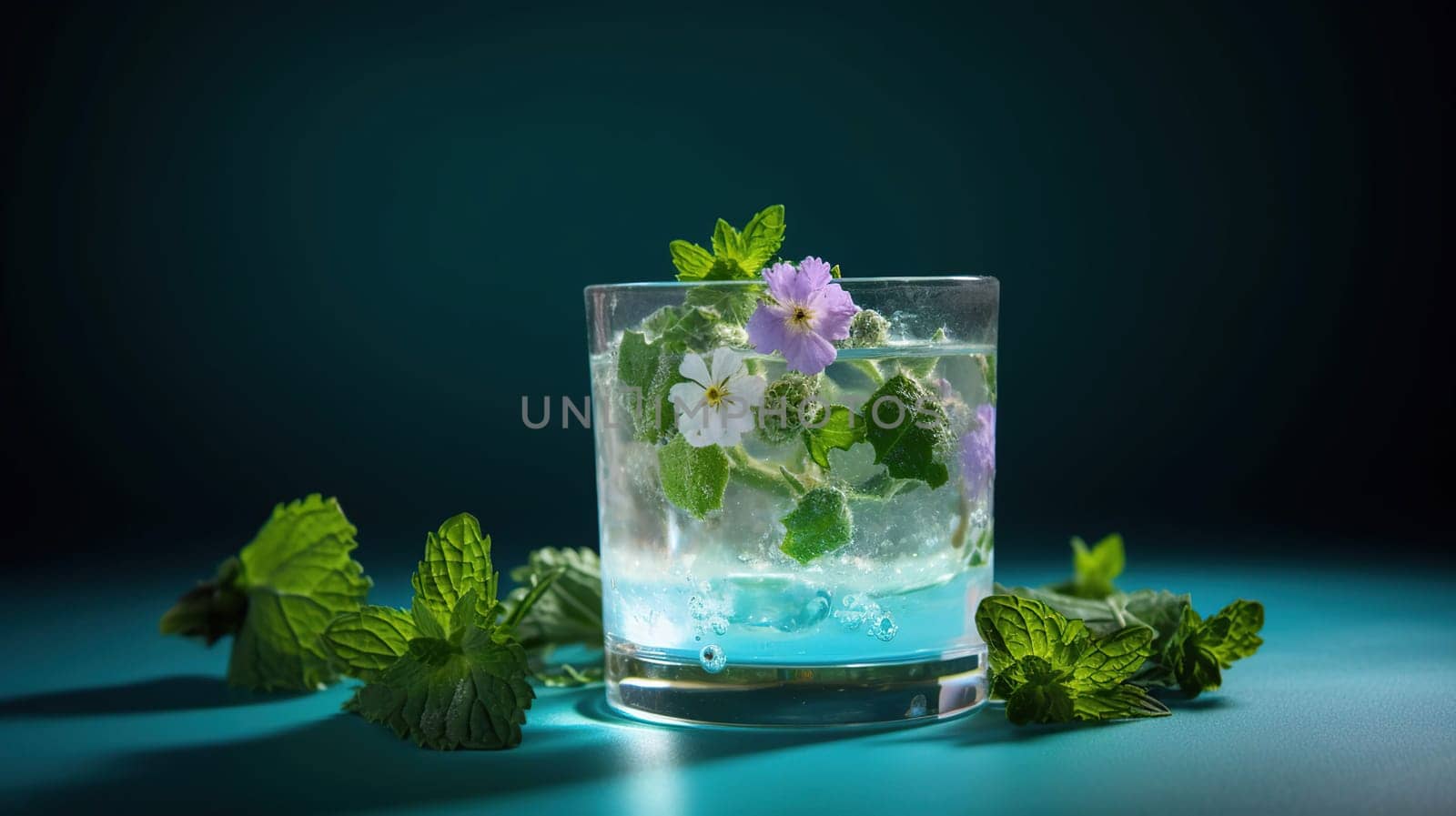 Transparent glass of fresh cocktail with mint leaves and flowers placed on surface against blue background, generative ai