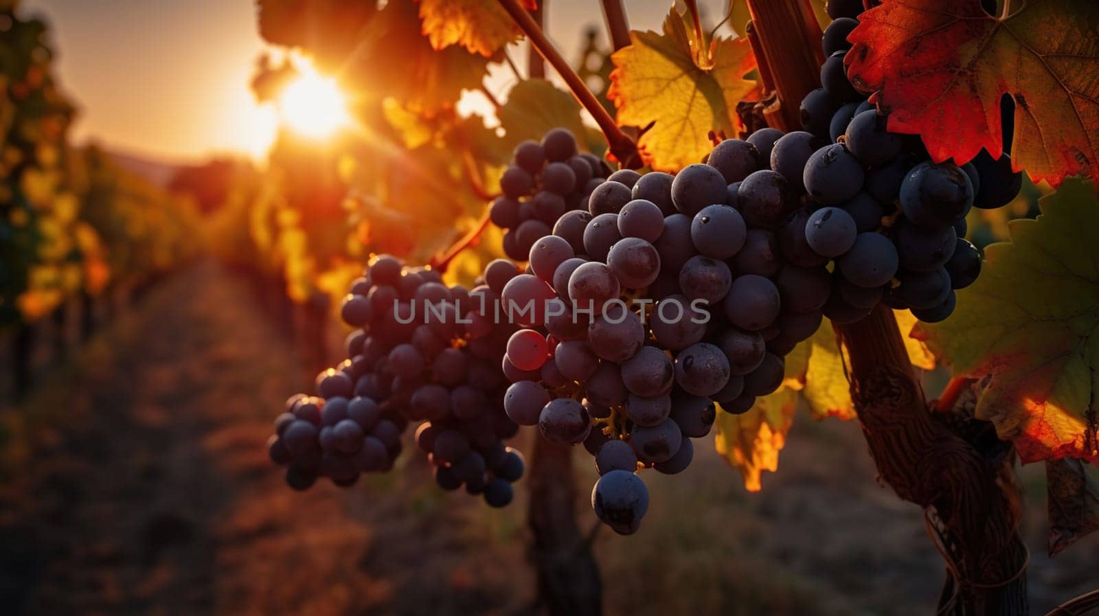 Vineyard In Fall Harvest With Ripe Grapes At Sunset, generative ai