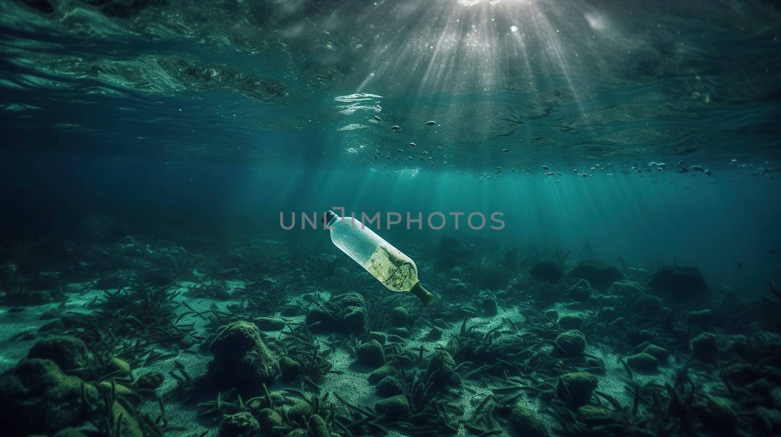 Bottle Plastic Pollution In Ocean - Underwater Shine With garbage Floating On Sea - Environmental Problem, generative ai