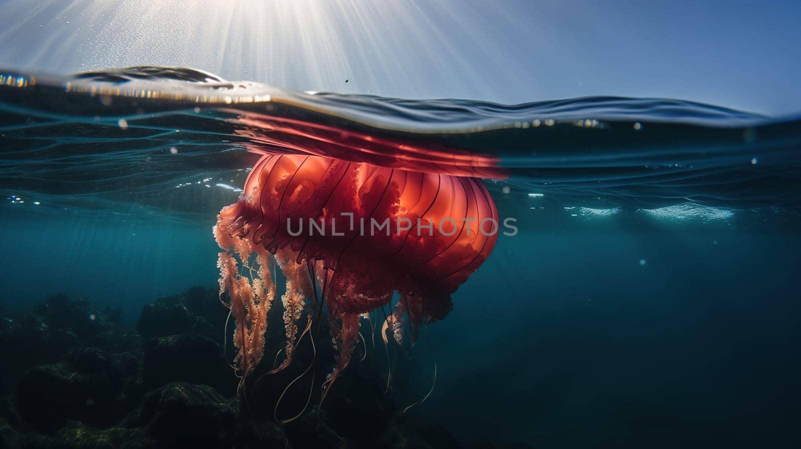 Red jellyfish dancing in the blue ocean water, wildlife, generative ai