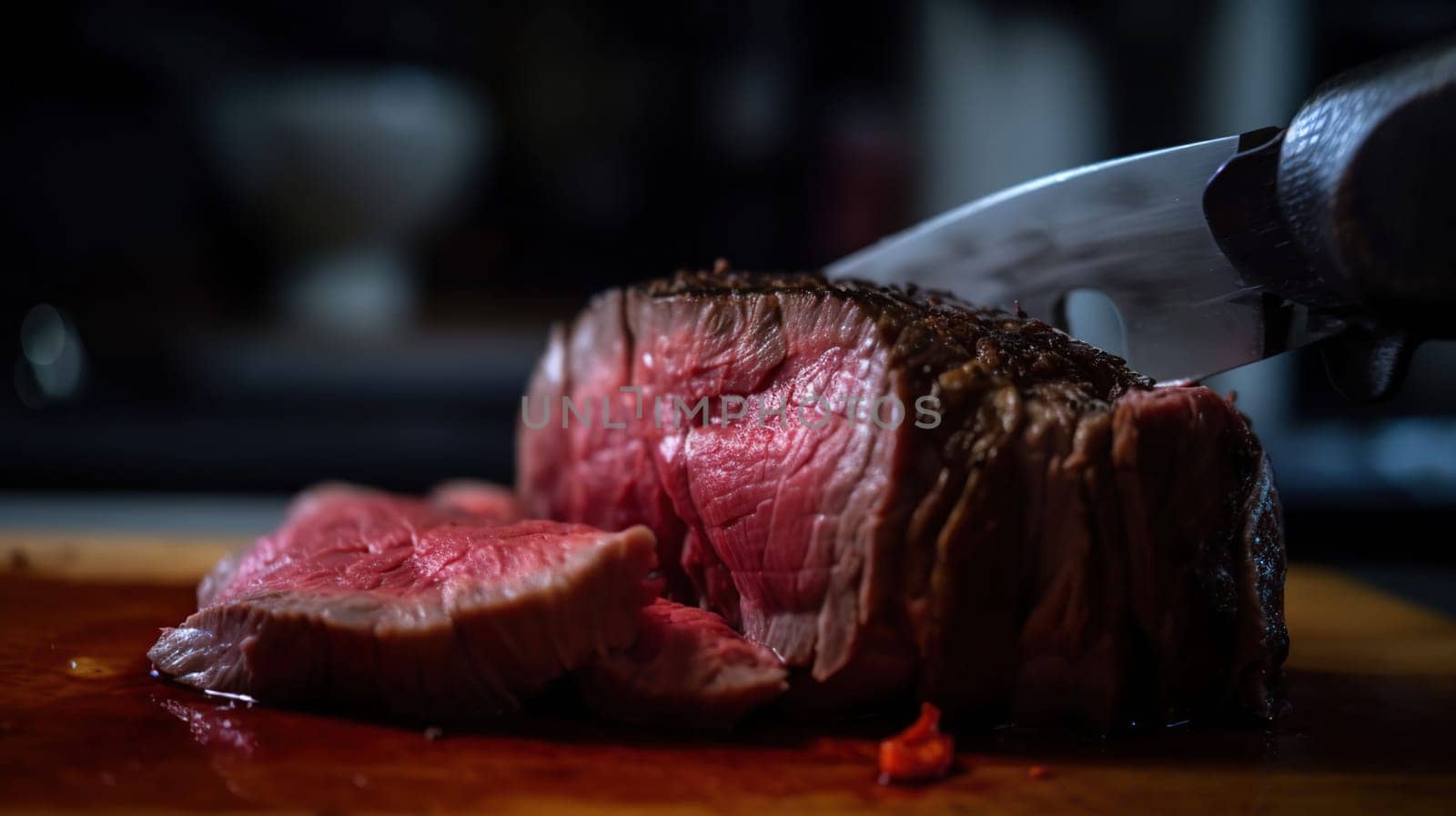 grilled steak with rosemary on a cutting board on a black background