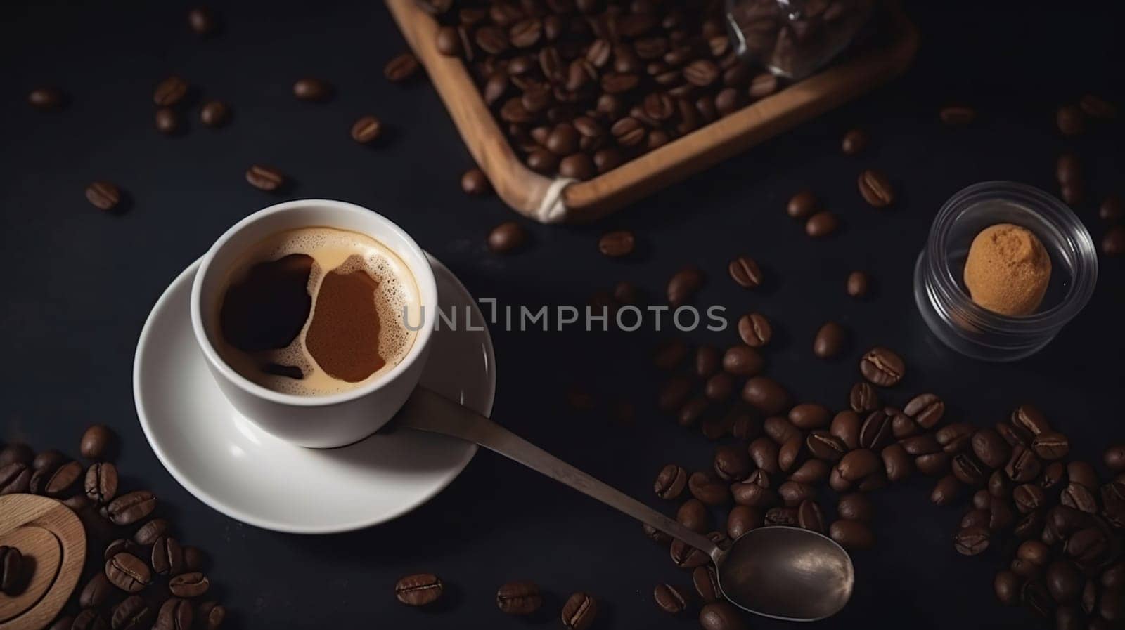 Roasted coffee beans, brown sugar and cup of hot espresso coffee. Top view flat lay with copy space, generative ai