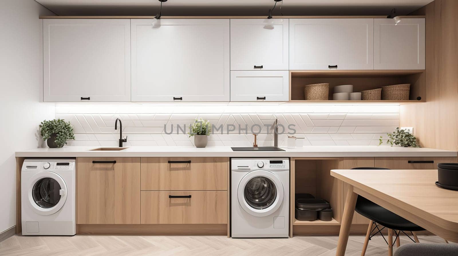 Interior of light kitchen with washing machine, oven and white counters, generative ai