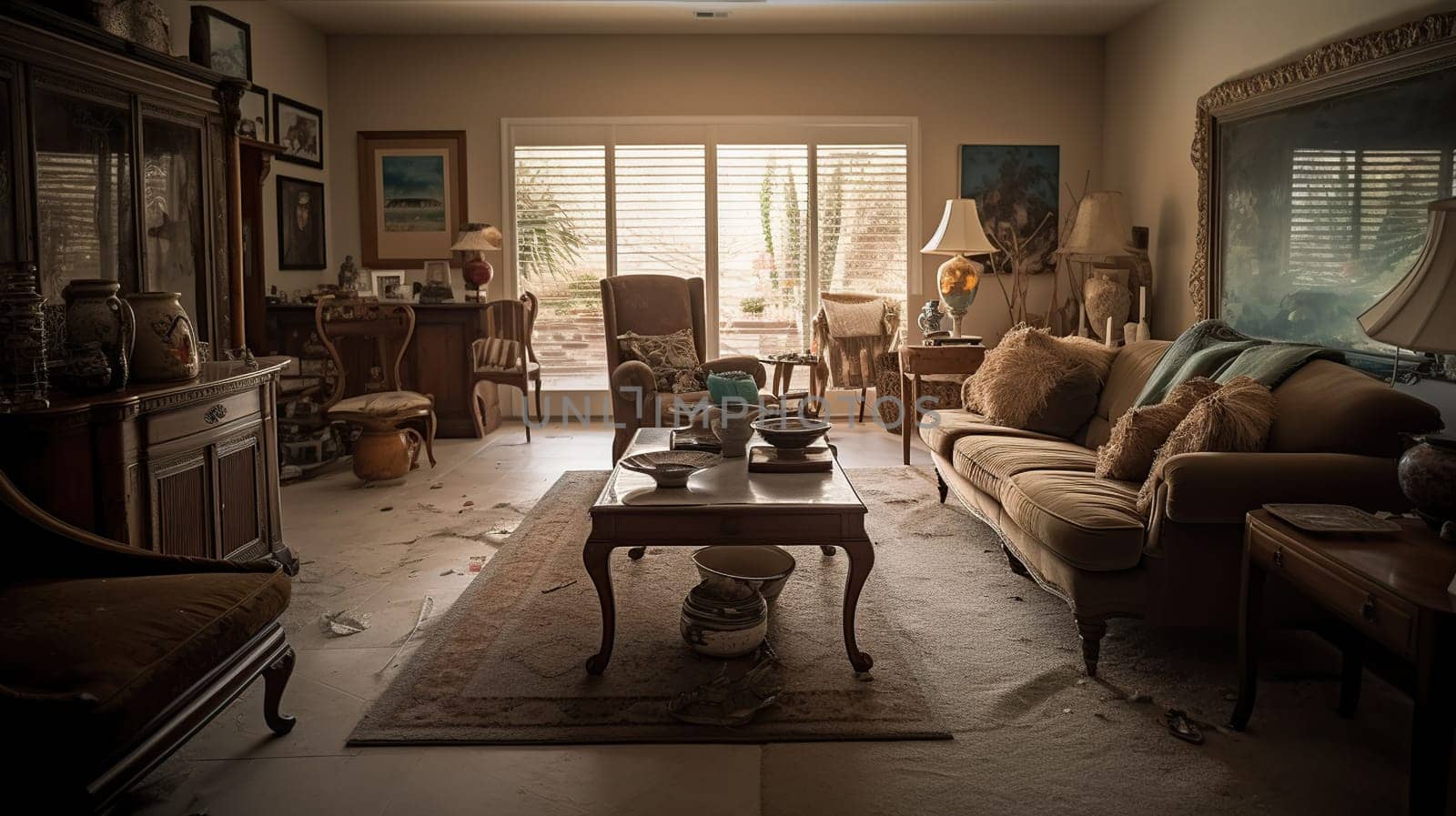 Interior of living room after earthquake, generative ai