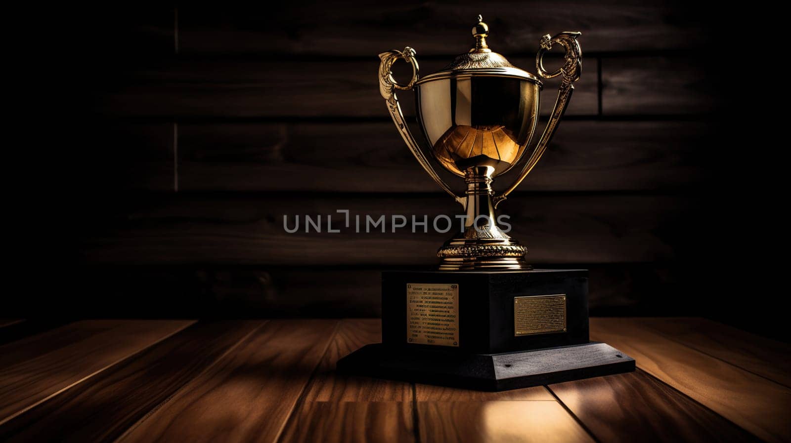 Gold trophy over wooden table and dark background, with abstract shiny lights, generative ai