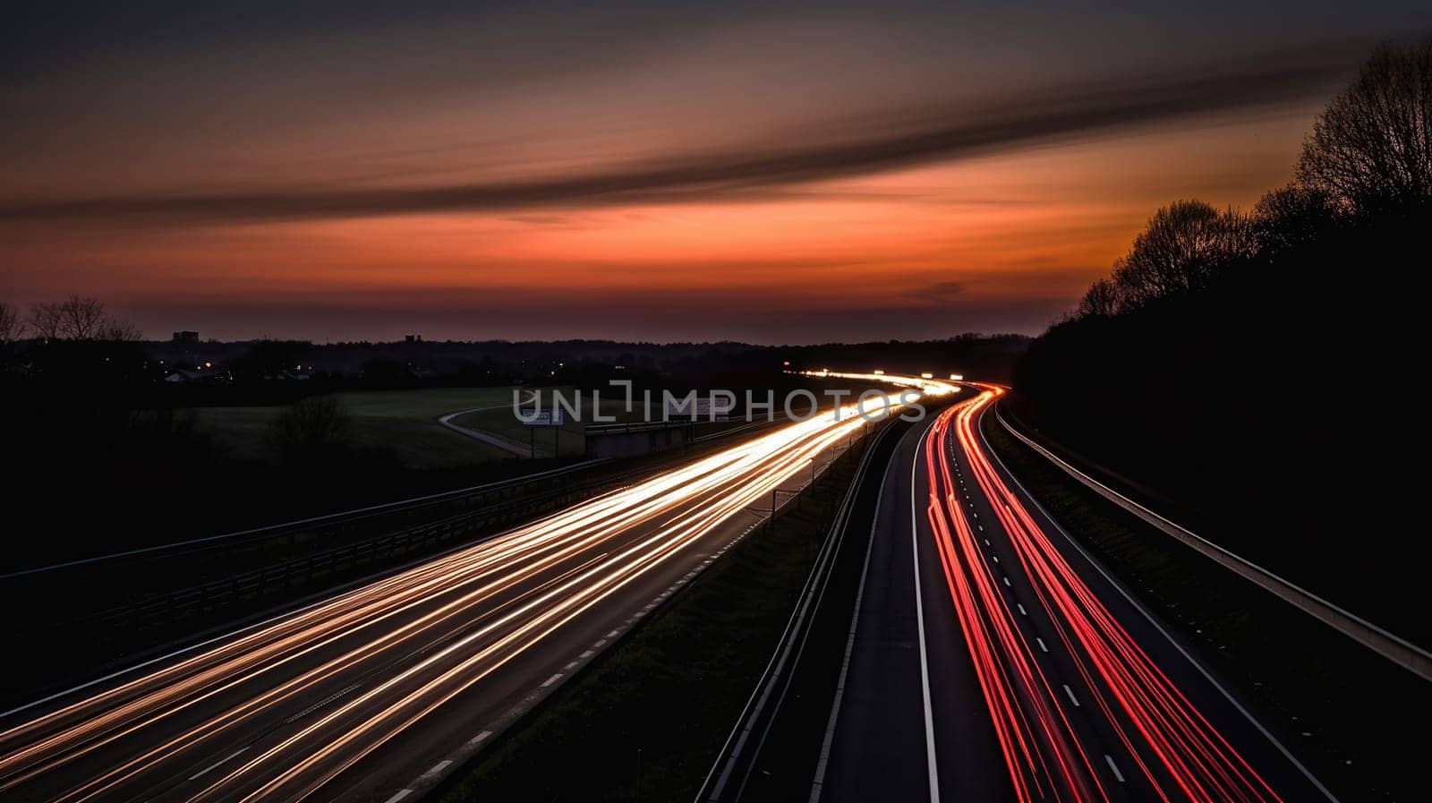 Long exposure photo of traffic on the move at dusk on motorway, generative ai