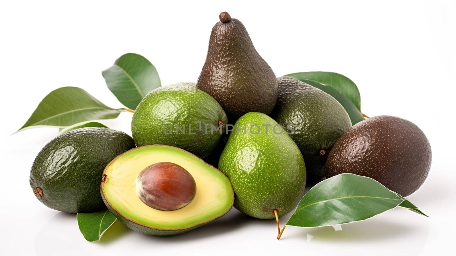 Many fresh cut avocados and leaves isolated on white, generative ai