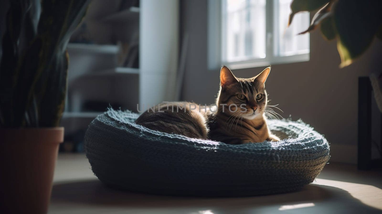 Interior of light living room with cute cat lying in pet bed, generative ai