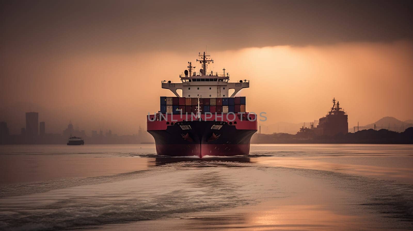 A tugs boat assist container vessel to be berthing at industrail port on sunset baground, generative ai