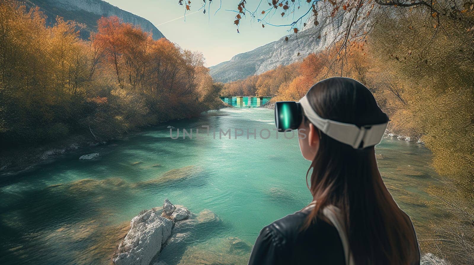 Woman viewing a beautiful natural panorama with river in VR, virtual travel concept, generative ai
