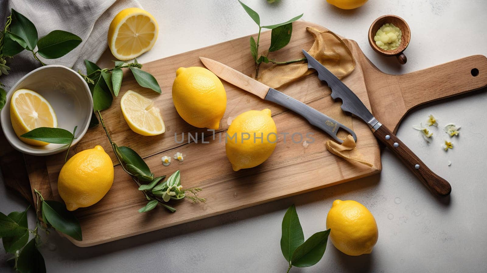 Wooden board, lemons, peeler and fresh rind on white textured table, generative ai