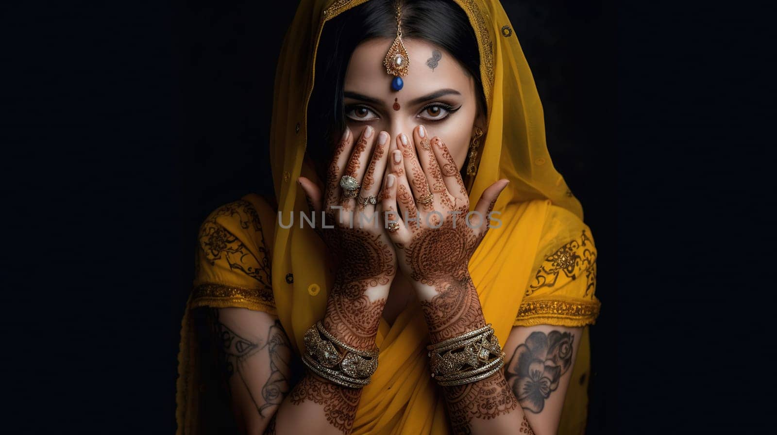 Beautiful indian girl. Young hindu woman model with tatoo mehndi and kundan jewelry. Traditional Indian costume yellow saree, generative ai
