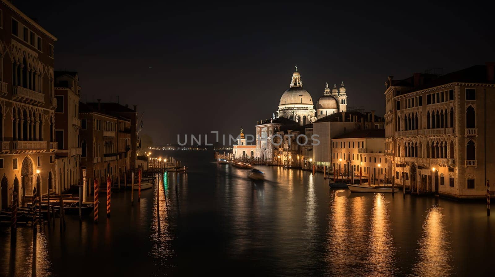 View of Grand Canal and Basilica Santa Maria della Salute in Venice, generative ai