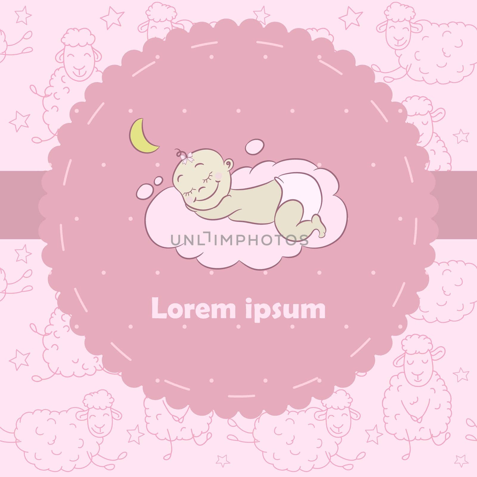 Cute Sleeping Baby Girl. Newborn postcard In Scrapbooking Style