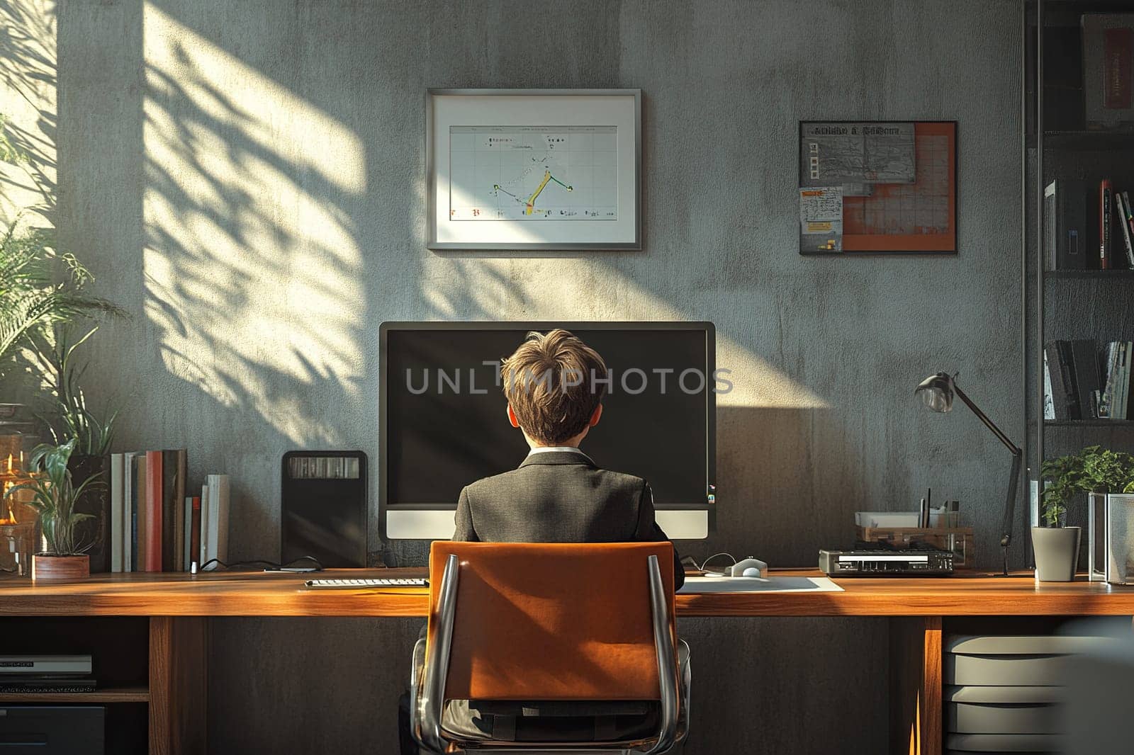 Back view of little business boy in leather chair at desk with computer. Concentrated child working at table in office. Little boss in office.