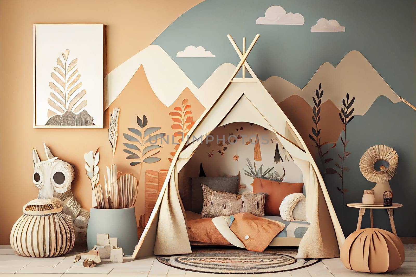 Cozy kids room with tent, Creative playroom interior decorated for child play, Montessori interior, room design, playroom, Generative AI