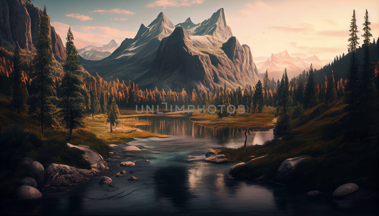 Beautiful landscape with high mountains and lagoon water with sunlight golden sunrise, nature, Generative AI