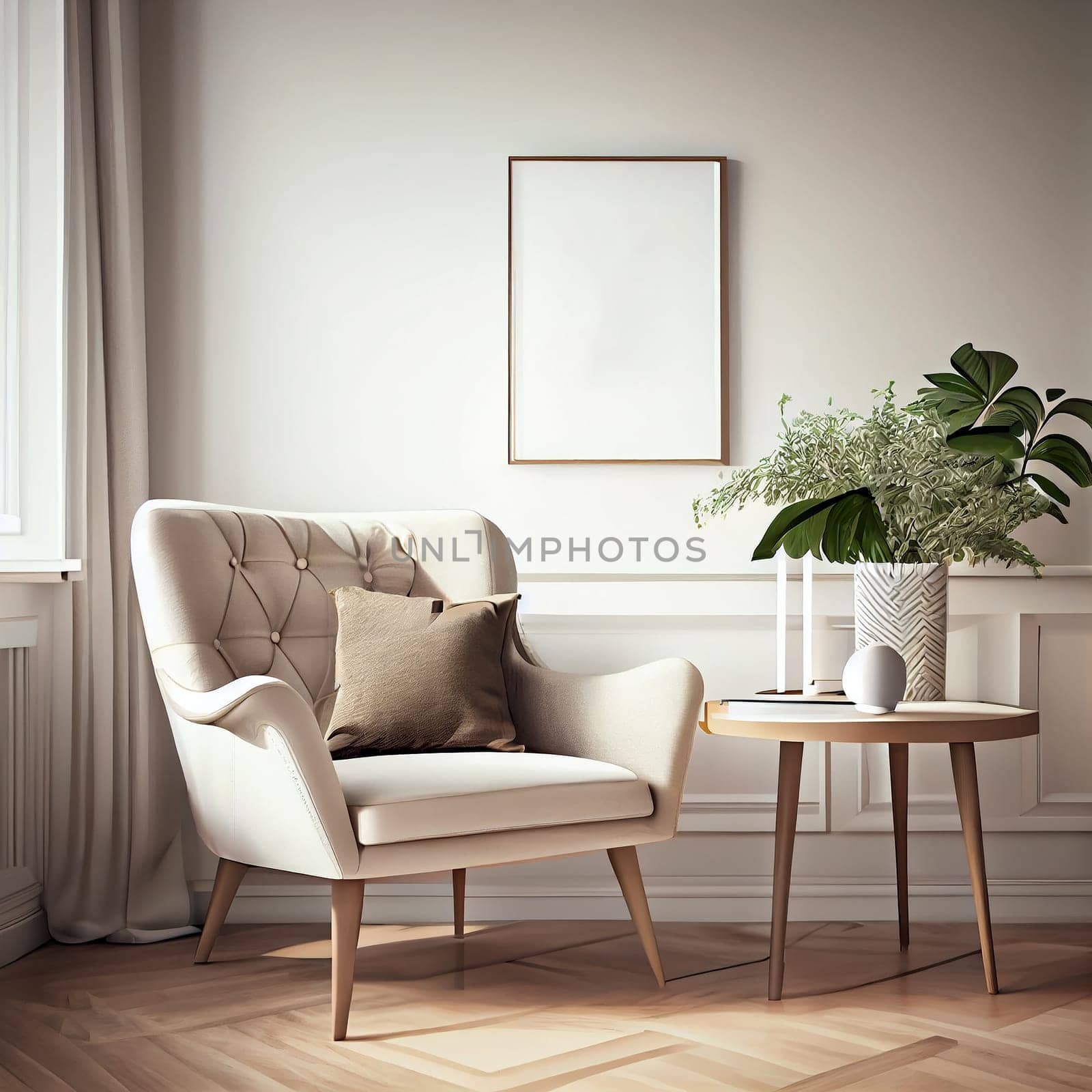 Modern interior design armchair sofa in living room with near windows and mock up poster frame in wall at home, Neutral living room, empty nobody, 3D render by Generative AI