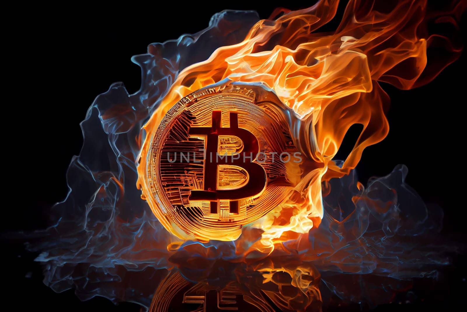 Burning in fire golden bitcoin on black background, Bitcoin coin in flames, burn cryptocurrency bit coin money, crash and blockchain bubble, Generative AI