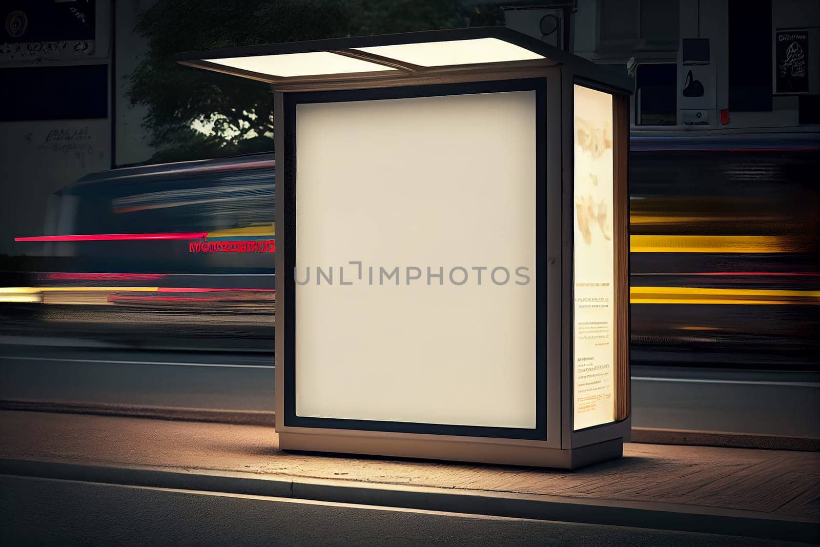 Mock up of advertising light box on the bus stop, vertical light box in a bus stop at night, Generative AI