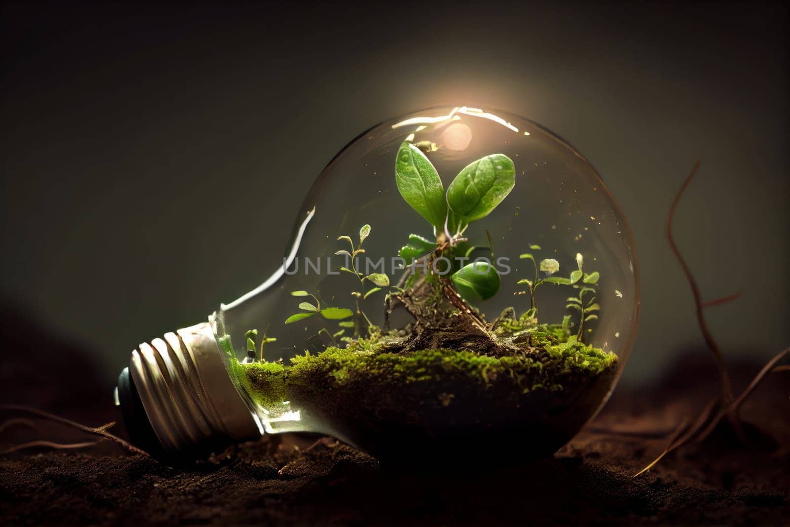 A light bulb growing into a tree from soil represents the creative concept of renewable energy and nature conservation. Ai Generative