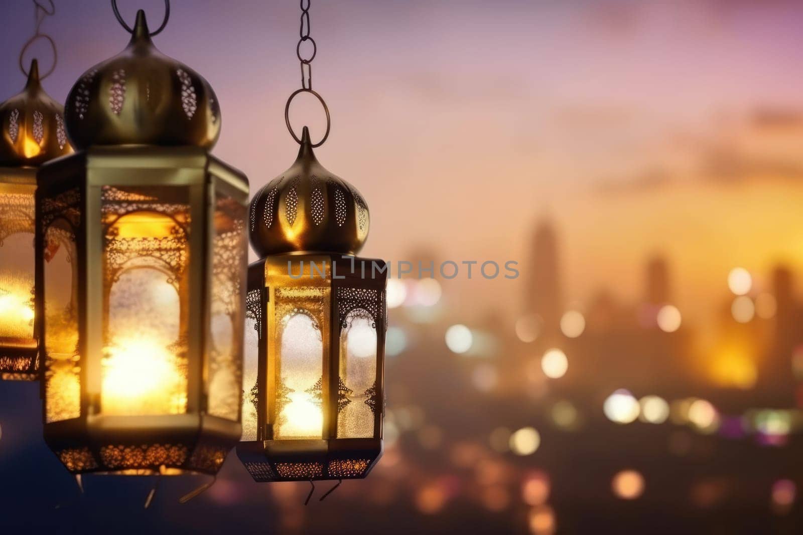 The warm glow of a lantern adds to the ambiance of a beautifully decorated Eastern mosque, creating a peaceful atmosphere for prayer and celebration. Ai Generative