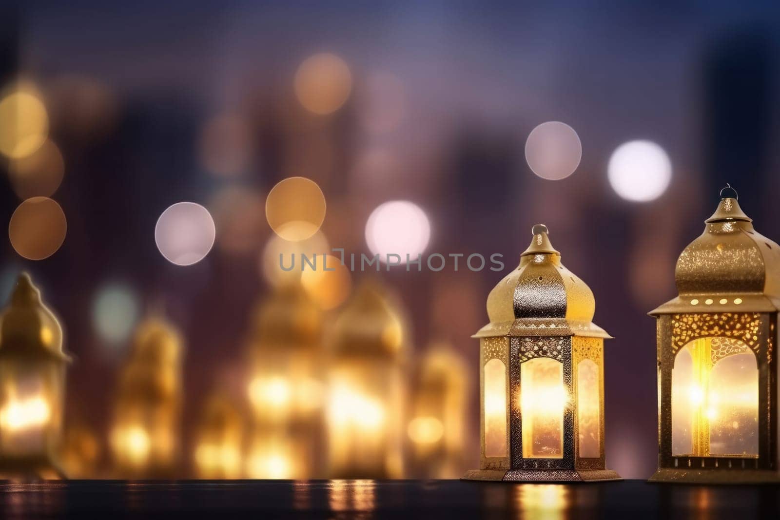 elegant table decorated with lanterns and candles creates a warm and welcoming atmosphere for the Muslim feast of Eid al-Fitr. Ai Generative