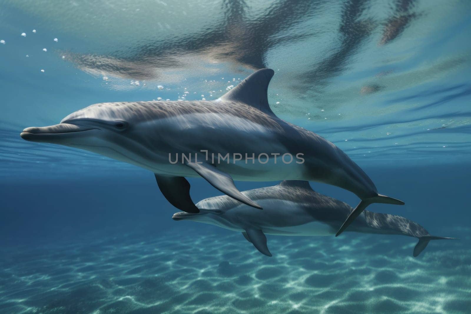 Adorable baby dolphin swimming alongside its mother in crystal-clear waters on World Oceans Day, showcasing the beauty and biodiversity of our planet's marine ecosystems. AI Generative