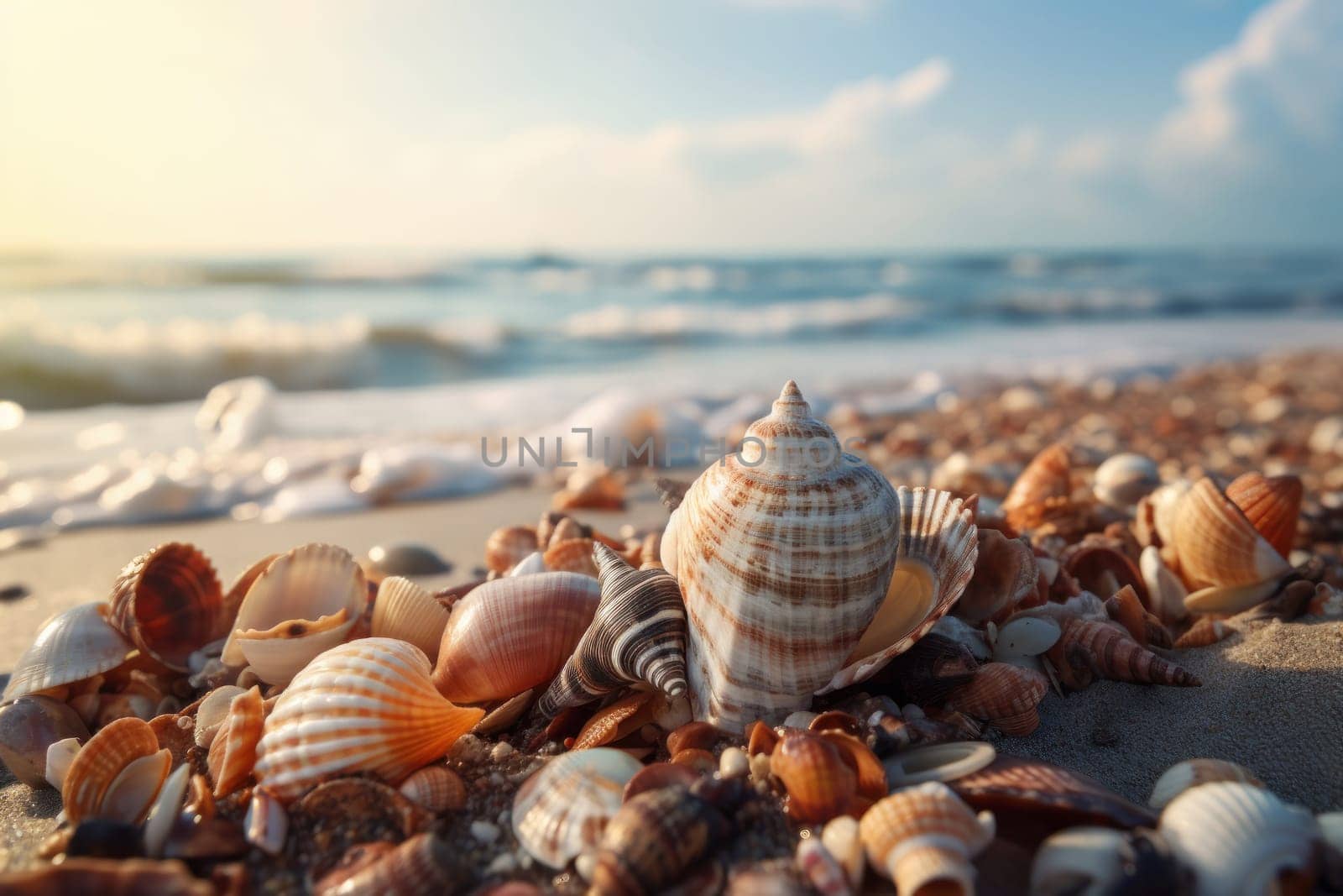 The beauty of seashells on a sandy beach is captured in this natural scenery. The coastal environment and waves provide a relaxing vacation spot. AI Generative.